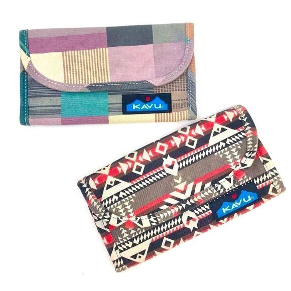 KAVU Wallets Bundle of Two Color block and Aztec print trifold fabric wallets - Picture 1 of 11